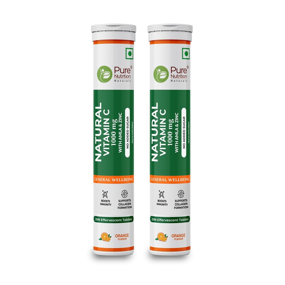 Pure Nutrition Vitamin C & Zinc, 40 Effervescent Tablets (20 x 2), Orange Flavour, 1000mg Amla Extract, Supports Skin, Immunity & Daily Wellness for Men & Women