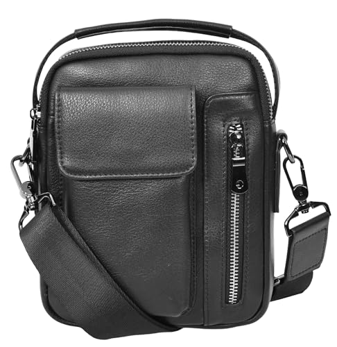 Sac à bandoulière en cuir pleine fleur homme A1 FASHION GOODS AYD8 plusieurs poches zippées Noir
