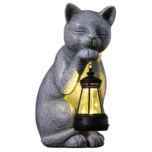 Solar Happy Cat Outdoor Statue Garden Decor,Birthday Gifts for Grandma Mom Women, Ornament for Balcony, Garden, Patio, Yard, Lawn Porch Patio Balcony Home House,(LED Lantern Cat) - Best Garden Statues & Décor