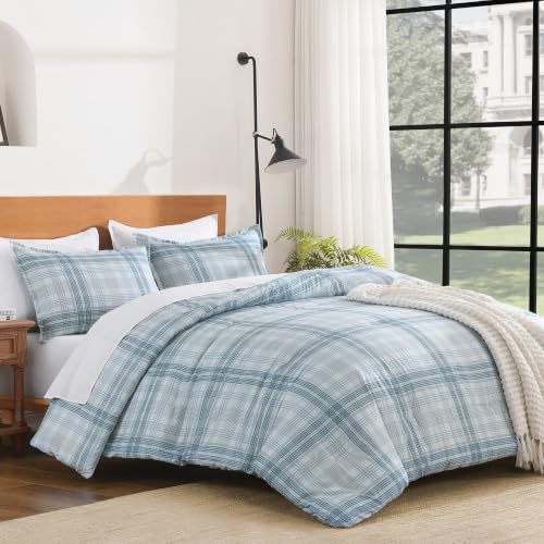 Image of Andency Blue Grey Comforter Set Full(79x90 Inch), Gingham Checkered Grid Stripes Bedding Comforter Sets for Boys Girls Kids, 3 Pieces Preppy Geometric Line Soft Lightweight Reversible Bed Set as Gift