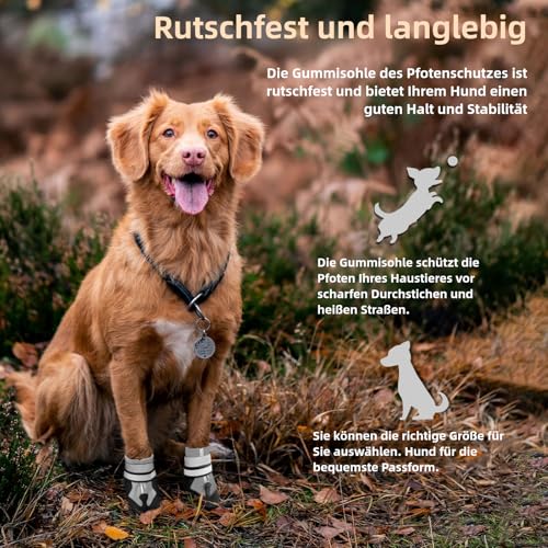 Muecleao Hundeschuhe Pfotenschutz, 4 Stück Wasserdicht Anti-Rutsch Hundestiefel mit Rutschfester Sohle und reflektierendem Klettverschluss, Schuhe für kleine, Mittlere und Große Hunde (Grau, XL)