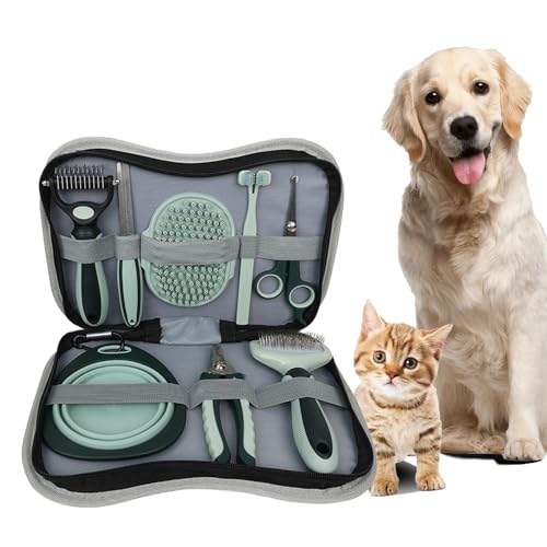 Image of Grooming Brush Kit - 8 Pcs for Shedding & Matted Fur, Self-Cleaning with Flea Comb, Includes Indoor Microbrush, Cat Toothbrush Collapsible Dog Bowls for Travel
