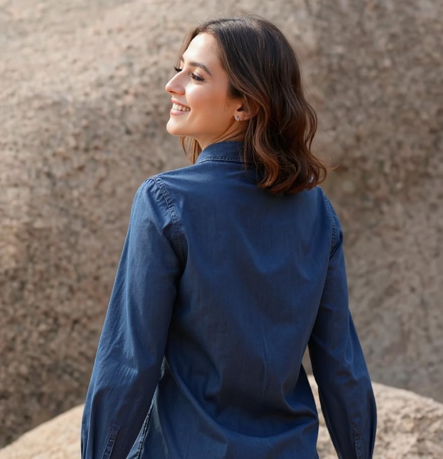 Image of Blue Denim Shirt for Women and Girls Regular Fit LoSF Sleeve Collared Neck Button Down Stylish Casual Wear Ladies Shirt 29