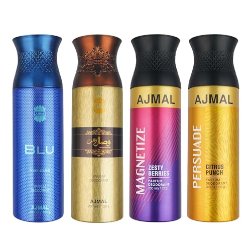 Ajmal 1 Blu Homme for Men, 1 Wisal Dhahab for Men, 1 Magnetize and 1 Persuade for Men & Women Deodorants each 200ML Combo pack of 4 (Total 800ML)