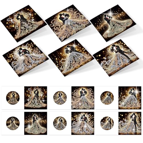 Image of AiYuanzsh 6 Pack Diamond Painting Greeting Cards with Envelopes, DIY 5D Diamond Art Card Kit Romantic Wedding Couples, 30x15cm Handmade Rhinestone Cards Crafts for Wedding Wishes and Celebration