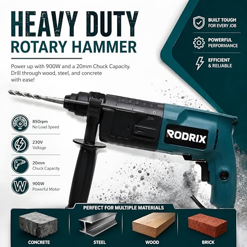 Image of RODRIX RD20 Rotary Hammer Drill Machine, 900W Copper Motor, 20mm SDS Plus Chuck, 3900 BPM, 850 RPM, 1.5J Impact Energy, 2 Modes, Forward & Reverse, 6 Months Warranty