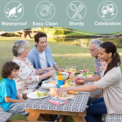 Image of misaya Picnic Table Cover with Bench Cover, Waterproof Elastic Fitted Tablecloth for 5 Foot Tables, Rectangle Washable Polyester Tablecloths for Picnic, Camping, Outdoor (Navy, 30 inch x 60 inch)