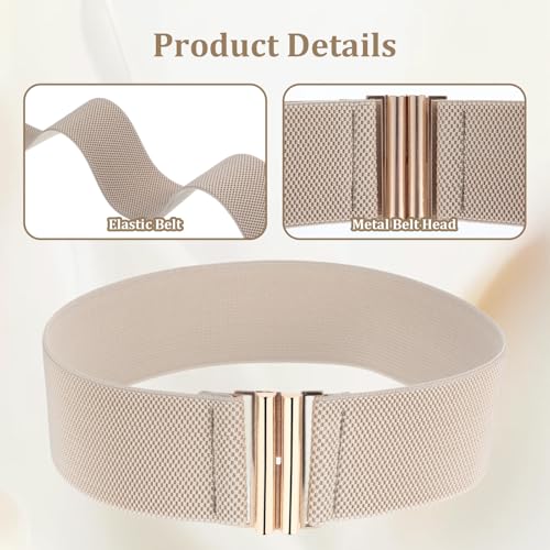 3PCS Elastic Belt Wide Stretchy Waist Belt Trimmer Stretch Waistband Cinch Belts Vintage Elastic Belts for Women Pants Jeans Dresses (Khaki, Black, Pure White, 26.8×2.4 Inches)3