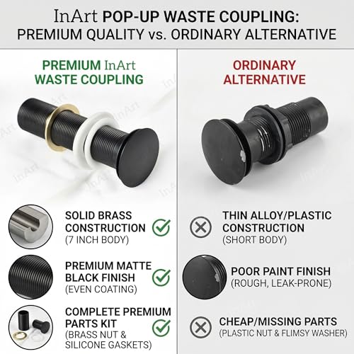 Image of InArt Brass Full Threaded Pop Up Waste Coupling 32 MM (7 inch, Black Matte) - for Table Top Wash Basins (Black 1)