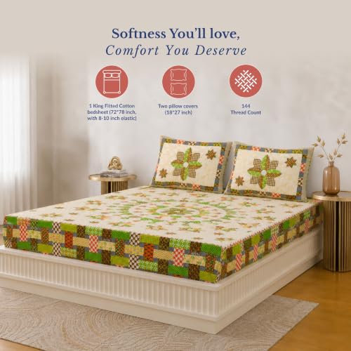 Image of Jaipur Weaves Bedsheet King Size 100% Pure Cotton Bed Sheet with 2 Pillow Covers, 144 TC Premium Bedding Set, 72x78 inches,(Floral Mandala Green, Super King Fitted)