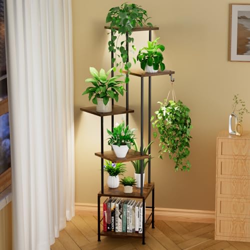 Image of Homsorout Plant Stand Indoor with Grow Light - 6-Tier Metal Plant Shelf with Hanging Basket Hook, Corner Tall Flower Holder for Multiple Plants, Living Room Balcony Garden Patio, Rustic Brown