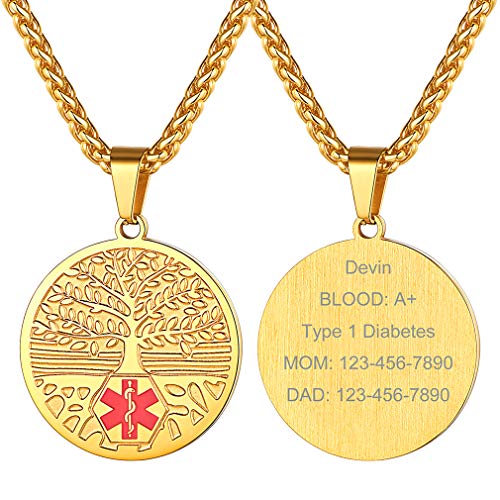 Supcare Pendentif Arbre de Vie Chaîne de blé plaqué Or 18k Collier Militaire 61cm en Acier Médaillon Porte-Bonheur Cadeau d'anniversaire Pendentif médical Personnalisable Collier Homme Cover