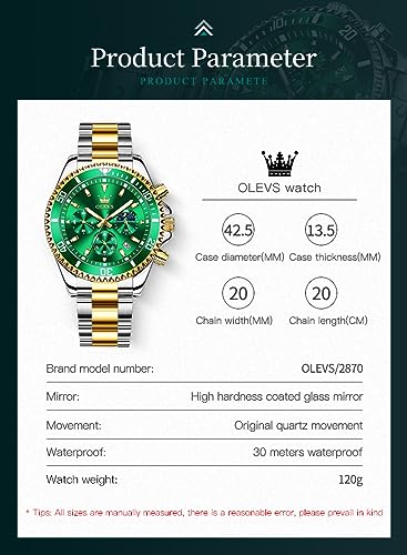 Image of OLEVS Watches for Men Classic with Date Business Dress Luxury Big Face Green /Black /Blue Waterproof Luminous Mens Wristwatch Analog Two Tone Stainless Steel Male Watch