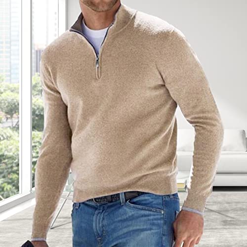 Seganup Casual Mens Fleece Long Sleeve Slim Fit Sweater Quarter Zip Turtleneck Pullover Polo Shirts Thermal Sweatshirt Beige #TOP2