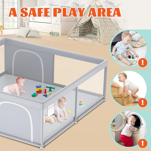 Image of XVISHX Baby Playpen, 79''x79'' Extra Large Playpen for Babies and Toddlers, Baby Fence Play Pen for Indoor & Outdoor, with Soft Breathable Mesh Grey