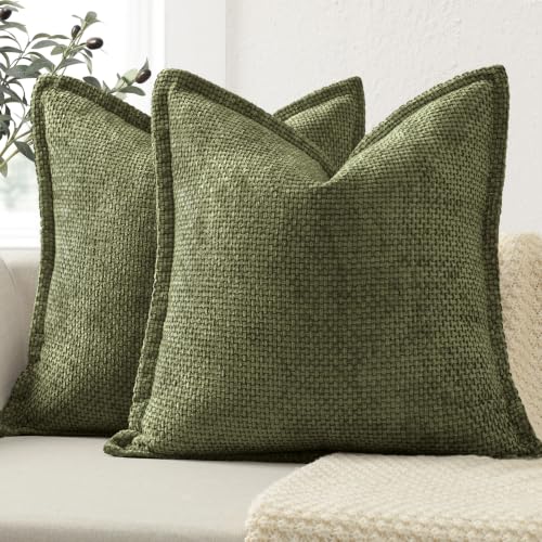 Image of ZWJD Soft Chenille Cushion Covers 50x50 2 Pack, Decorative Cushions with Pressed Edge Design, Olive Green Luxury Home Decor Pillow Covers for Sofa, Couch, Living Room & Bedroom Modern Home Décor