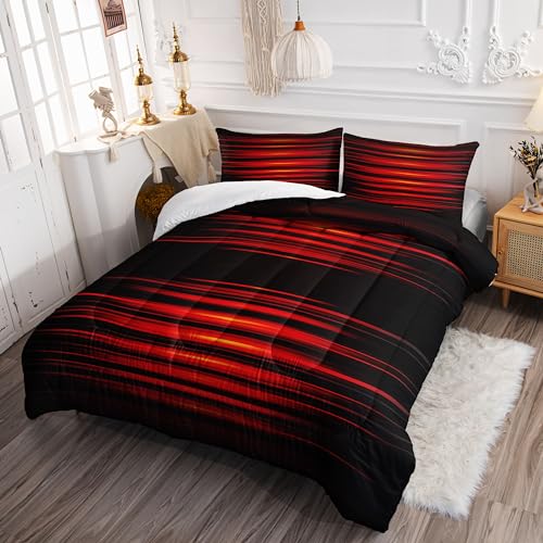 Image of Kids Comforter Set Red Stripes Printed Pattern Bedding Set with 1 Comforter and 2 Pillowcases for Girls Boys Bedroom All Season(Red Stripes Twin)