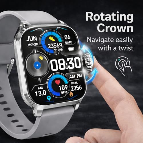 Image of Bouncefit H9 Smart Watch for Men, Women, Boys, Girls, Kids - 2.01 inch Full Touch Screen Display, Bluetooth Calling, Rotating Crown, Workout Modes, Wireless Charging Smart Watch - Grey AA