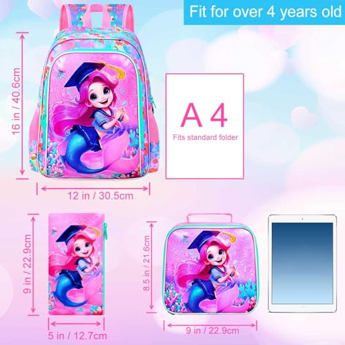 3PCS Mermaid Backpack, 16" Girls Bookbag with Lunch Box, Water Resistant Kids Elementary Prechool Toddler Shool Bag - Pink Dr. Mermaid4