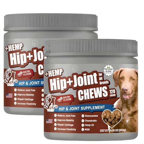 2-Pack Dog Pain Relief Hip and Joint Supplements | Glucosamine for Dogs 600mg | Organic Hemp Seed Powder/Oil 650mg | Chondroitin, MSM, Turmeric, Vitamins C & E+ | 240 Bacon Mobility Supplements