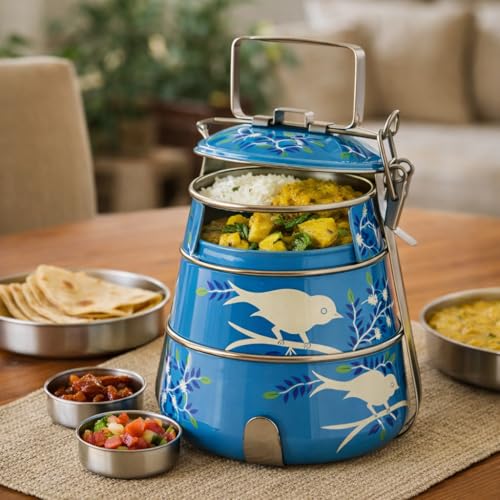 Image of iHandikart Handpainted Multiple Tier Decorative Stainless Steel Tiffin Box, With Lid and Handle, Color - Multicolor, Perfect Used For - Festival Gifts, School and Office Use (IHK-HPT3-007)