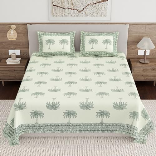 Image of Living Roots Ethnic Jaipur Block Print Double Cotton Bedsheet & 2 Pillow Covers, for Mattress Upto 6 inches Thick, No Colour Bleeding, Green Colour, King Size 90 * 108 inches, 120TC (608-C)