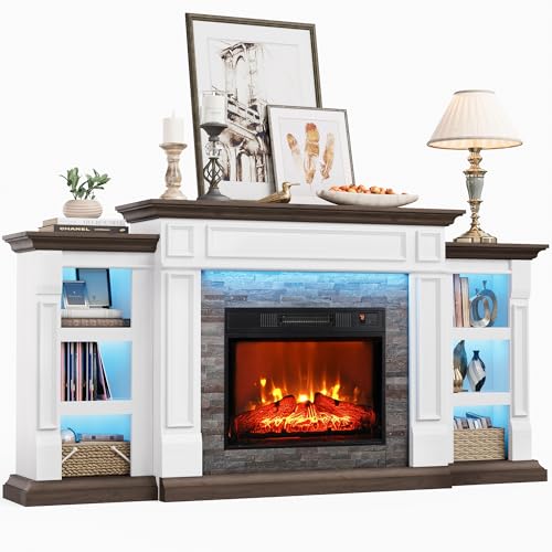 70\" Electric Fireplace with Mantel and Cabinets, Fireplace TV Stand for Living Room Bedroom, LED Light, Stacked Stone Surround and Remote Control 3D Realistic Flame