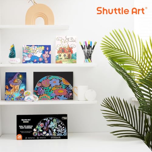 Image of Shuttle Art 28 Metallic Colors Dual Tip Acrylic Paint Markers, Brush Tip and Dot Tip Acrylic Paint Pens for Rock, Ceramic, Wood, Canvas, Plastic, Glass, Stone, Calligraphy, Card, DIY Football Crafts