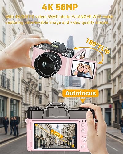 2024-Upgrade-VJIANGER-Digital-Camera-for-Photography-4K-56MP-Vlogging-Camera-for-YouTube-with-WiFi-180-Flip-Screen-16X-Digital-Zoom-52mm-Lens-2-Batteries-32GB-Micro-SD-CardPink