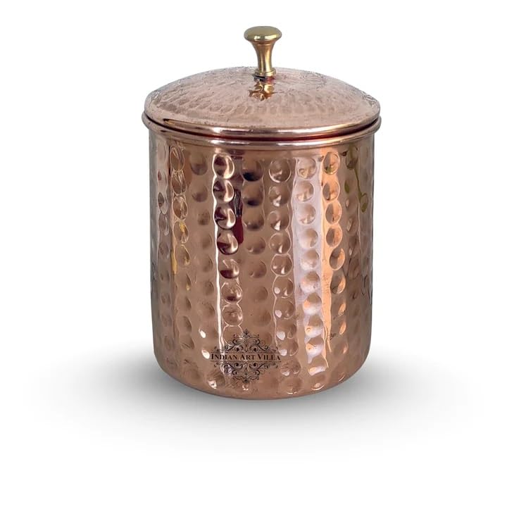 INDIAN ART VILLA Pure Copper Hammered Design Storage Box/Container With Brass Knob On Top, Volume-700 ml