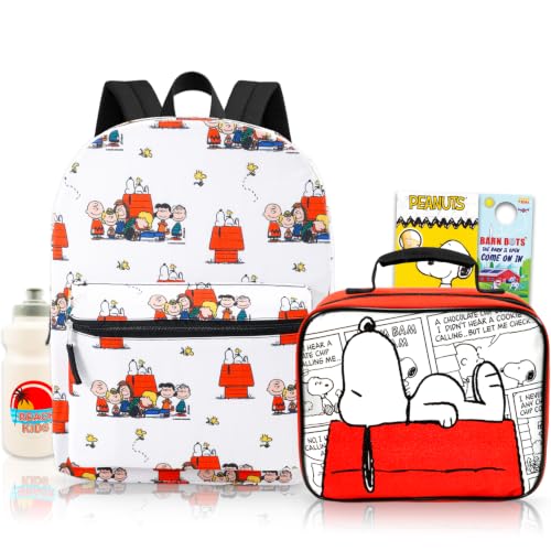 Peanuts Mochila com lancheira – Pacote com mochila de 40,6 cm com Snoopy, Charlie Brown, mais lancheira, garrafa de água, tatuagens | Bolsa escolar Peanuts para crianças