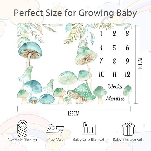 Image of Mushroom Theme Baby Monthly Milestone Blanket, Soft Flannel Watercolor Spring Tropical Eucalyptus Leaves Botanical Photography Prop Newborn Baby Shower Age Growth Tracker (Green, 60x40in)