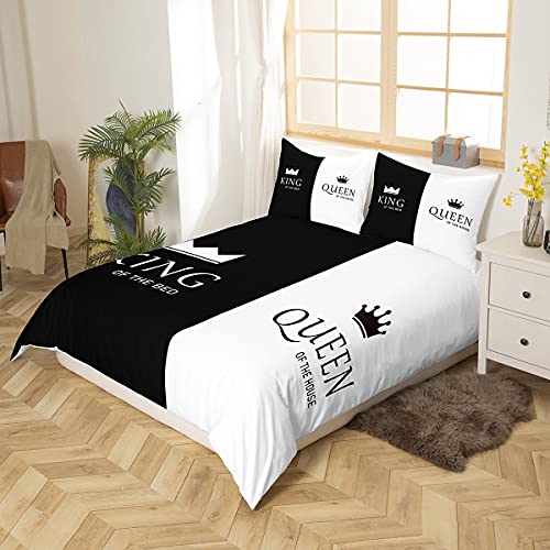 Loussiesd Crown Queen and King Comforter Cover His and Hers Matching Couple Bedding Set Lover Romantic Valentine's Day Presents Duvet Cover Black and White Bedding & Linen Bedclothes Double - Image 2