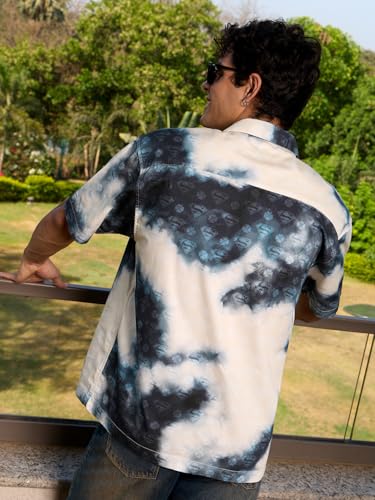 Image of The Souled Store Superman: Tie-Dye Men and Boys Short Sleeve Spread Collar Off White and Blue Tie Dye Casual Lightweight Drop Shoulder Streetwear Trendy Cotton Oversized Shirt