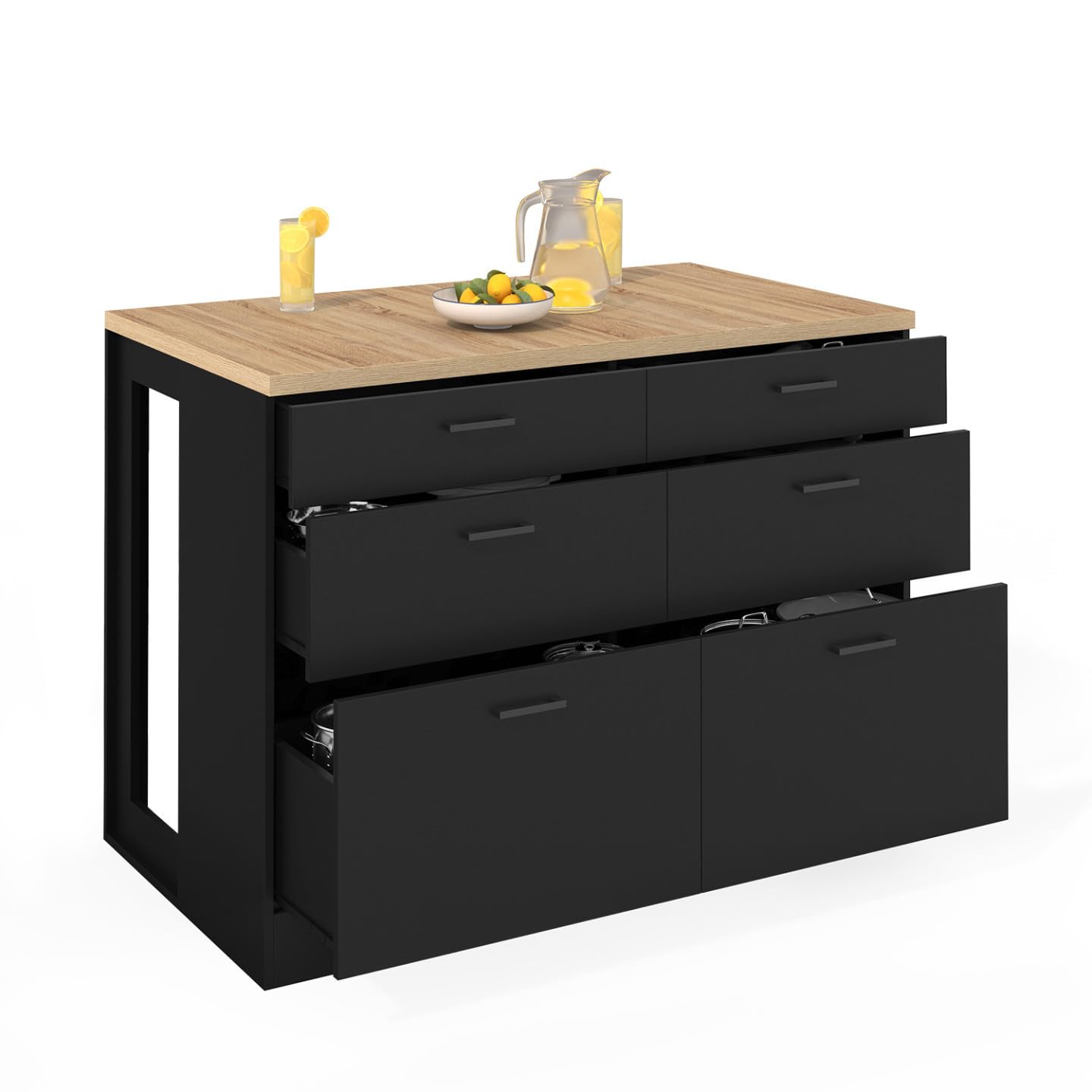 IDMarket - Ilot Central Mange-Debout Orso 120 cm casserolier 6 tiroirs Noir avec Plan de Travail façon hêtre
