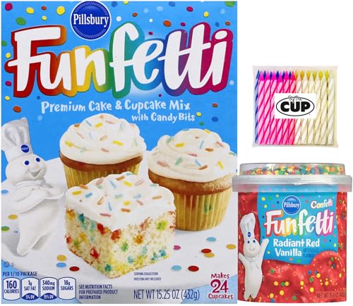 Pillsbury Birthday Bundle: Funfetti Cake Mix and Radiant Red Vanilla Frosting with By The Cup Candles, 3 Piece Set
