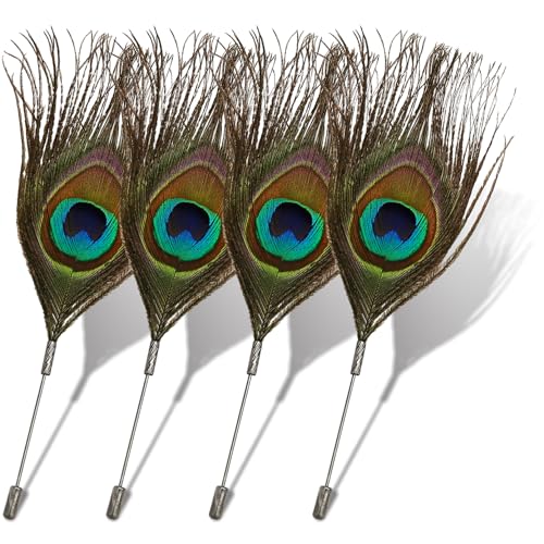 Image of RechicGu 4x Peacock Feather Brooch Pin Set - Black, Vintage Feather Brooch Badge for Western Cowboy Hats, Costumes, Hair Accessories, Lapel Stick Pin