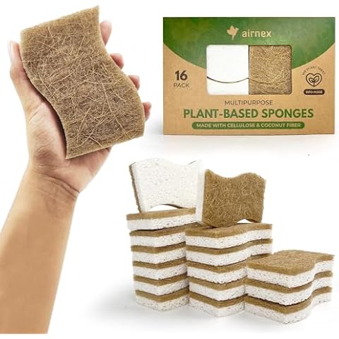AIRNEX Natural Kitchen Sponges Pack of 16 - Cellulose and Coconut Husk Dishwashing Sponges - Odor Free Non Scratch Walnut Scrubber Sponges - Eco Friendly Quick Drying Scrub Sponges for Washing Dishes Cover