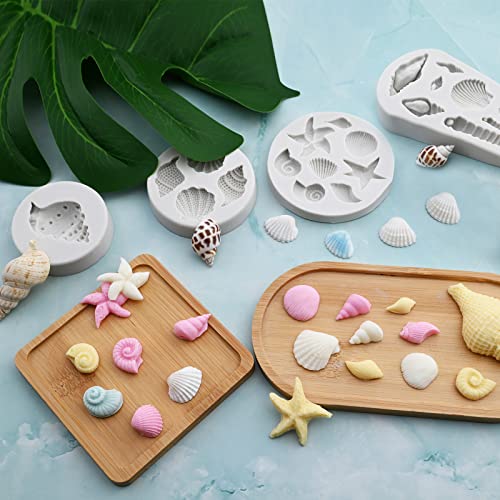 Image of Sakolla Marine Theme Fondant Molds, 4 PCS Seashell Conch Starfish Baking Silicone Molds for Cake Decoration Chocolate Soap Crafting