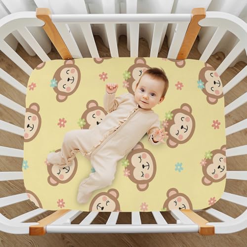 Image of Monkey Flowers Yellow Fitted Crib Sheet for Boys Girls Baby Mattress Sheets for Toddler Bed Mattress,39 x 27 in