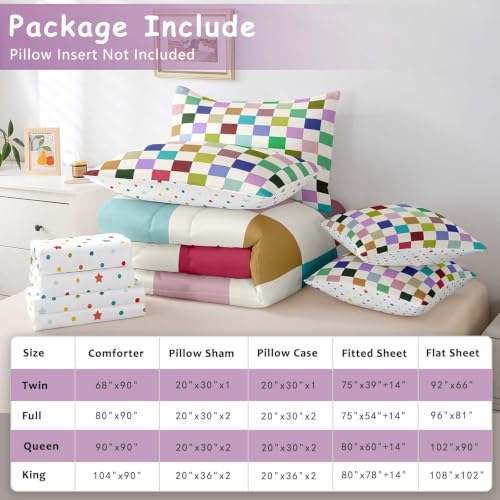 Image of Feelyou Colorful Checkered 7 Piece Bedding Set Teen Retro Modern Geometric Colorful Comforter Set with Sheets King Size Kids Boys Cute Neutral Plaid Bed in a Bag Vintage Aesthetic Room Decor