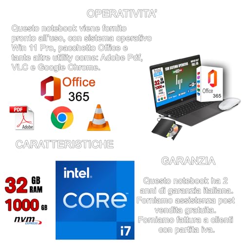 250 G10 Computer Portatile Notebook, Intel Core i7-1355U 13th 10Core, fino a 5 GHz, Display 15.6'' FHD, Ram 32GB, SSD 1TB, Windows 11, Pronto all'uso con OFFICE 365, mouse usb + lettore dvd. - Notebook - Immagine 3