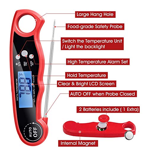 Meat Thermometer, Dual Probe Instant Read Food Meat Thermometers for Cooking Oven Safe Leave in Digital Meat Thermometer with Alarm Function and Backlight for BBQ Candy Smoker Grill(Red)