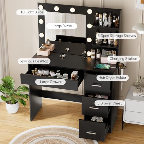 Image of YESHOMY Vanity Desk with Mirror, LED Lights and Storage, Black