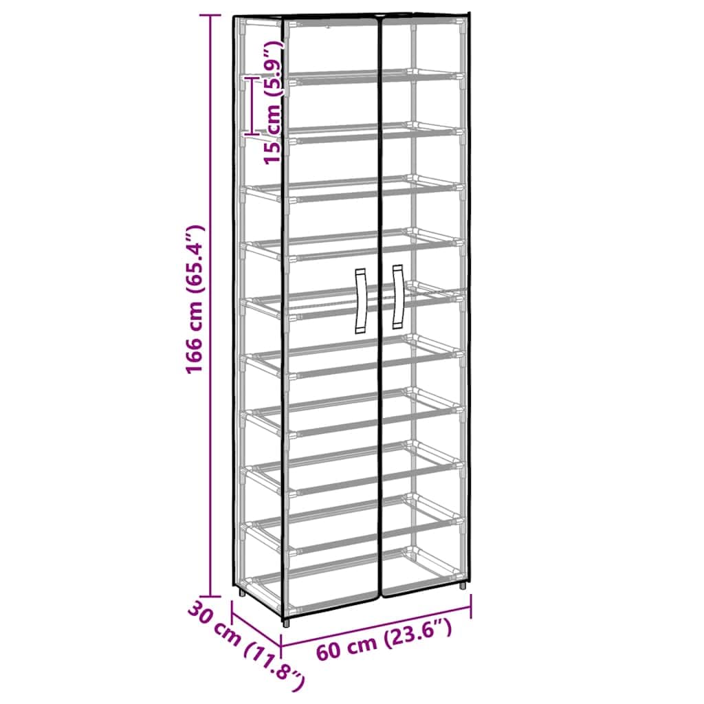 Schuhschrank Creme Stoff mit 10 Böden 60x30x166 cm, Schuhregal platzsparend geschlossen, Aufbewahrungssystem für Flur Diele, Organizer mit stabilem Stahlrahmen, faltbar und stapelbar