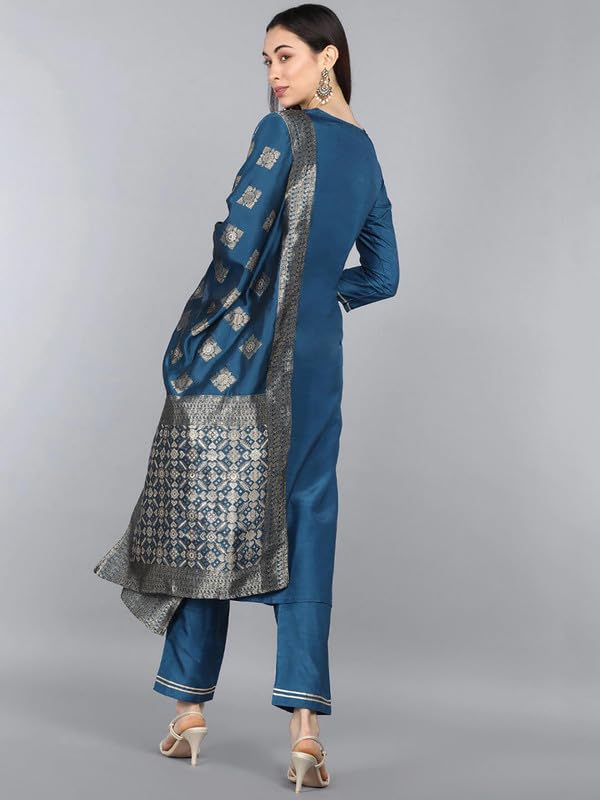 Image of Vaamsi Women's Poly Silk Ethnic Motifs Yoke Design Straight Kurta Set with Dupatta