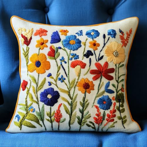 DIY Punch Needle Pillow Kit Wild Flowers with Pattern and Hoop Handmade Embroidery Punch Needle Starter Pillowcase Set for Home Sofa Decor 43x43cm-1-4