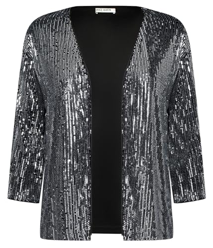 GRACE KARIN Cárdigan de lentejuelas para mujer, estilo informal, manga 3/4 abierta, corta, ligera, chaqueta de punto, Plata sobre negro, L