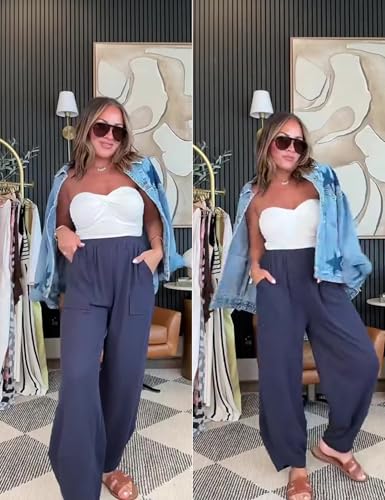 Image of Xiaoxuemeng Womens Baggy Wide Leg Pants Casual Elastic Waisted Palazzo Harem Pants with Pockets