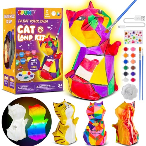EPUMP Paint Your Own Cat Lamp DIY Rechargeable LED Night Light with 8 Color Modes Creative Arts & Crafts Activity for Kids Bedroom & Room Decoration Birthday & Holiday Gift Ages 3-12
